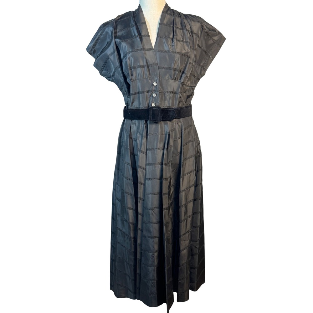 Vintage 1950s Black Taffeta Midi Dress Velvet Belt Rhinestone Buttons Cap Sleeve